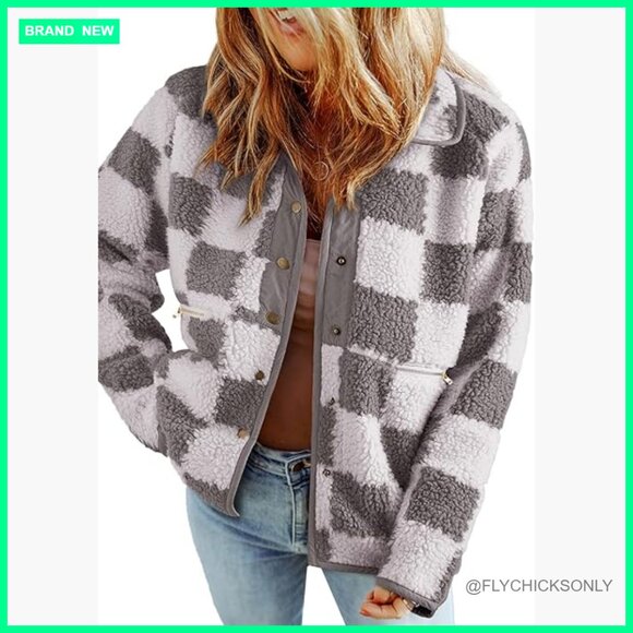 Jackets & Blazers - Polyester Sherpa Fleece Jacket with Button Closure and Pockets